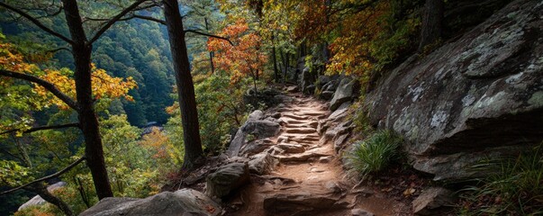 Autumn trail through a rocky forest