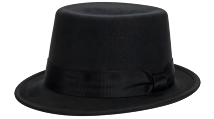 Classic black felt fedora hat with ribbon band isolated on the transparent background for fashion, costume, and formal wear concepts