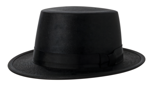 Classic black fedora hat with ribbon band, fashionable formal accessory for men, stylish vintage headwear isolated on the transparent background
