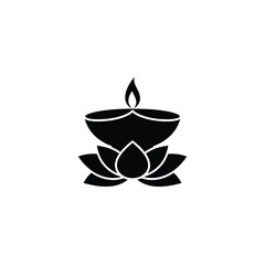 Black diya flame lotus icon vector