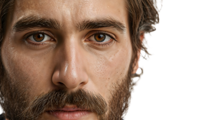 Closeup portrait of young bearded man with brown eyes and natural skin texture on the transparent background
