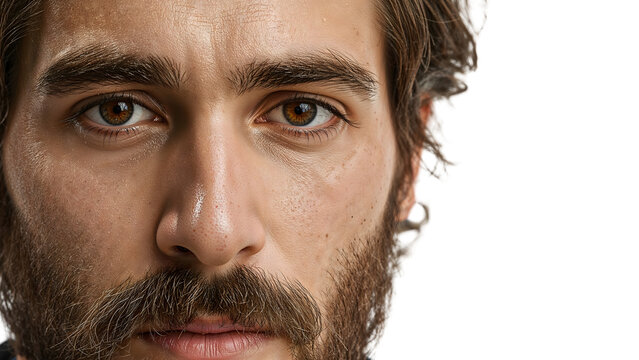Closeup portrait of young bearded man with brown eyes and natural skin texture on the transparent background