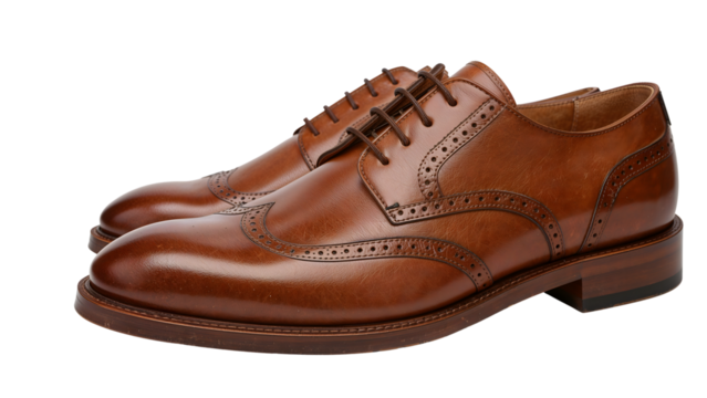 Elegant brown leather oxford brogues: classic men's wingtip dress shoes with decorative detailing for formal or business attire