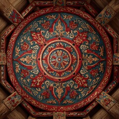 Obraz premium Ornate, circular ceiling medallion with intricate, decorative patterns in reds, blues, and golds