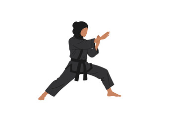 Focused Woman Practicing Martial Arts Defensive Stance.