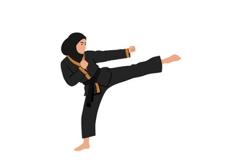 Fototapeta premium Young Woman in Hijab Executes a Powerful Martial Arts Kick.