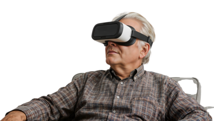 Senior man experiencing virtual reality technology with headset sitting indoors isolated on the transparent background innovation elderly xr trends