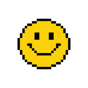 Yellow pixel 8 bit smiley emoticon on white background