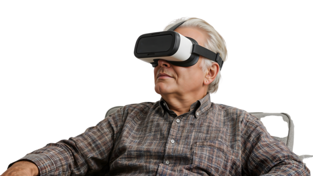 Senior man experiencing virtual reality technology with headset sitting indoors isolated on the transparent background innovation elderly xr trends