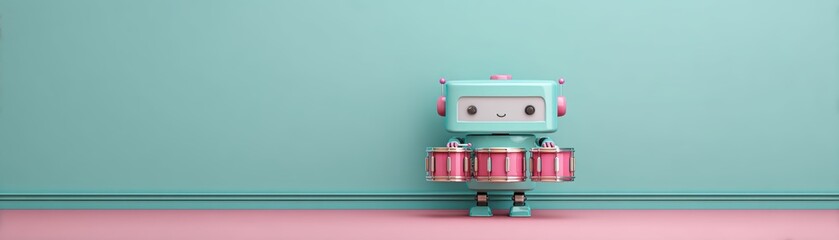 A cute retro-style robot drummer stands against a soft teal wall, adding a playful touch to the pastel-colored space with space for text, cute musician robot