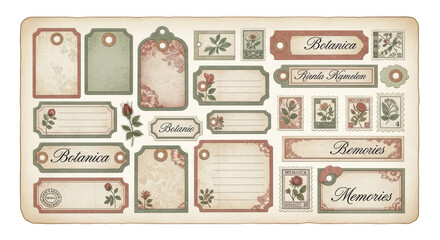 Vintage Botanical Ephemera Sheet - Printable Junk Journal Kit with Tags, Labels, and Stamps for Scrapbooking