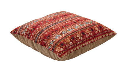 Traditional red kilim cushion with ethnic pattern, square decorative floor pillow, bohemian home textile, colorful rustic accent