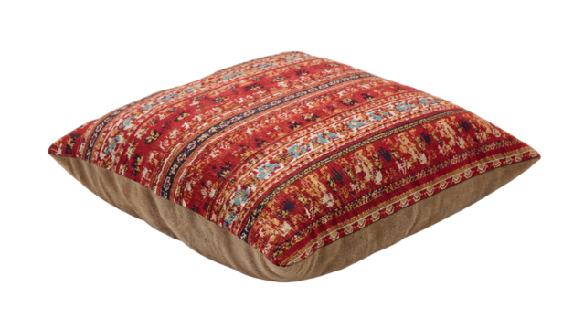 Traditional red kilim cushion with ethnic pattern, square decorative floor pillow, bohemian home textile, colorful rustic accent
