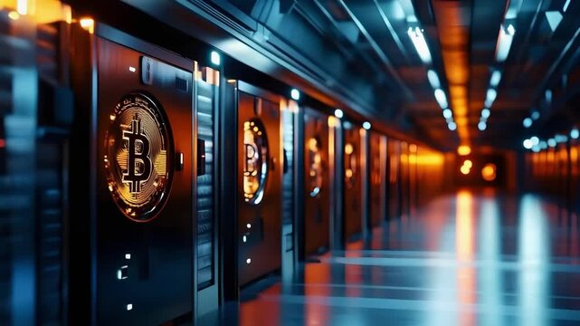 Bitcoin mining rigs in a data center, glowing bitcoin logos on the server racks.
