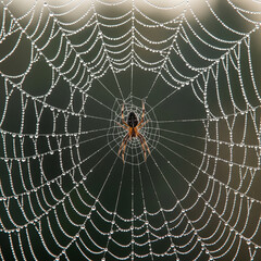 Naklejka premium Spider sits in the center of its dew-covered web, a macro shot capturing the intricate details.