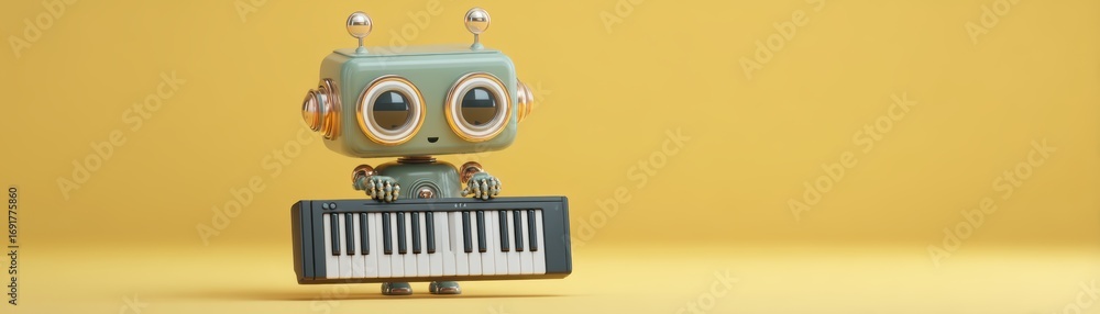 Poster a playful robot with large eyes holds a keyboard against a bright yellow background, blending techno