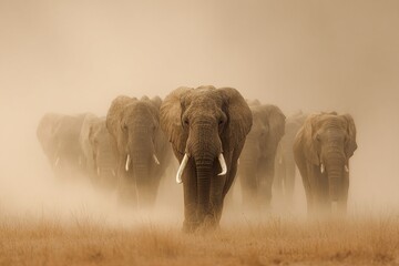 Powerful pachyderms, a herd of African elephants with their large tusks and trunks, roam the wild grasses of Kenya on a grand safari