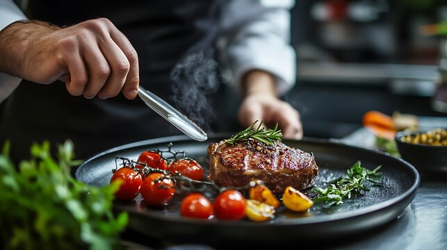 Chef cooks food in the kitchen finishing meal tasty beef steak