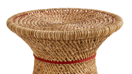 Traditional handwoven rattan stool with natural texture and red accents isolated on the transparent background