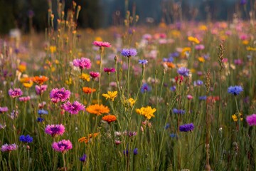 Beautiful purple and blue cornflowers bloom in a vibrant wildflower field during a summer day