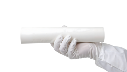 Gloved hand holding white paper roll isolated on the transparent background for laboratory or medical concept