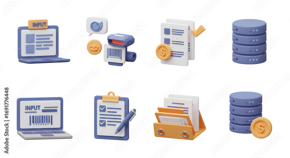 Aufkleber a collection of 3d business icons representing concepts of data input, financial processing, documen