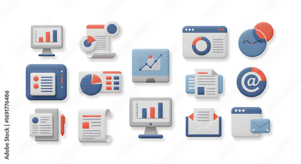 Poster set of modern digital business icons for data analysis and communication
