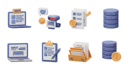 A collection of 3D business icons representing concepts of data input, financial processing, document management, and database storage