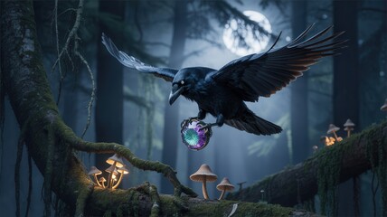 Mysterious raven with glowing gem soars through enchanting moonlit forest filled with bioluminescent mushrooms and ancient trees