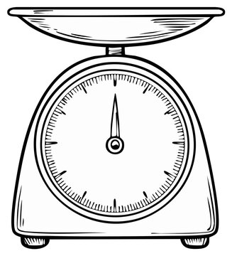 Kitchen scale illustration: a sketch of balance with a bowl for measuring weight.