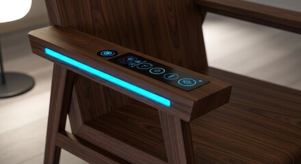 Modern Wooden Bed with Integrated Digital Control Panel and Blue Led Lighting for Sleek Bedroom Design
