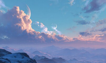 A serene, otherworldly vista of a mountainous landscape with a celestial double moon and pastel clouds