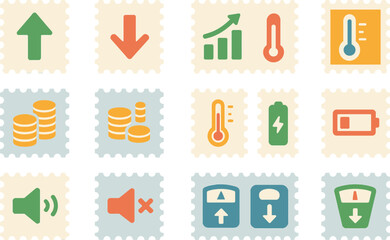 Increase and Decrease Postage Stamps Icon Set – Flat Solid Color Vector Illustrations