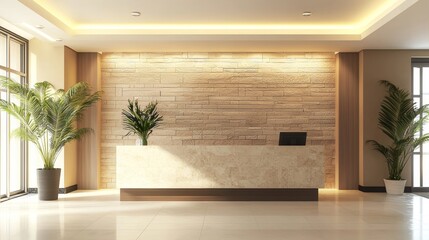 Interior of a hotel reception with stone reception desk