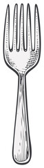 Obraz premium Engraved fork kitchen utensil drawing. Dining tool illustration for menu design, prints, and decoration.