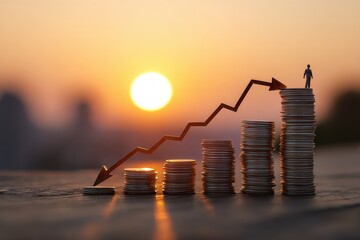 Silhouette figure atop rising stacks of coins.  Descending graph
