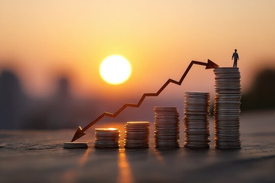Silhouette figure atop rising stacks of coins.  Descending graph