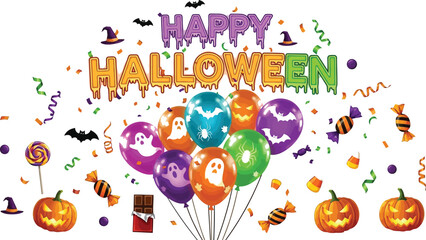 A vibrant and festive halloween scene with balloons, pumpkins, candy, and confetti, perfect for holiday greetings