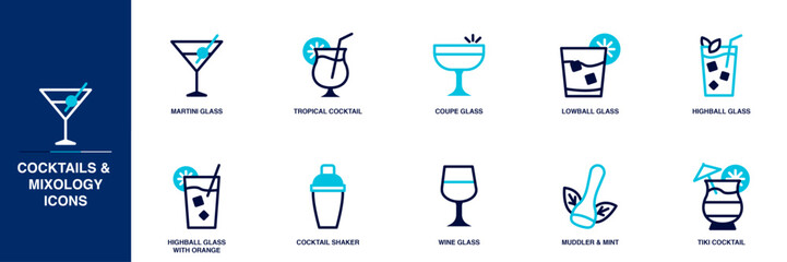 Cocktails and Mixology Blue Colored Outline Icon Set