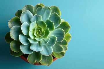 Succulent plant in terracotta pot, top view