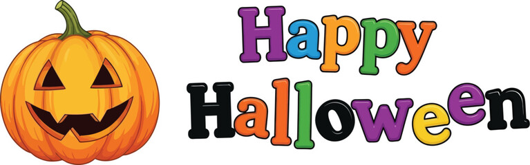 A cheerful pumpkin with a colorful happy halloween text, perfect for seasonal greetings and festive decorations