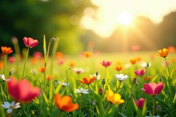 Fototapeta premium Sunlit meadow ablaze with wildflowers, gentle breeze, colorful, outdoor, floral