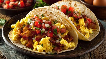 Two delicious Texas-style breakfast tacos filled with scrambled eggs, bacon, and fresh pico de gallo are presented on a rustic wooden table for a hearty meal.