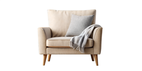 Elegant Beige Armchair with Pillow and Throw on Transparent Background