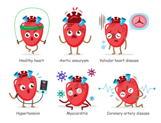 Set of Human heart internal organ cartoon character illustration set 1 of 4 . White isolated background . Vector .