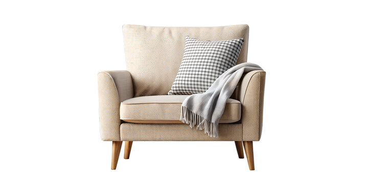 Elegant Beige Armchair with Pillow and Throw on Transparent Background