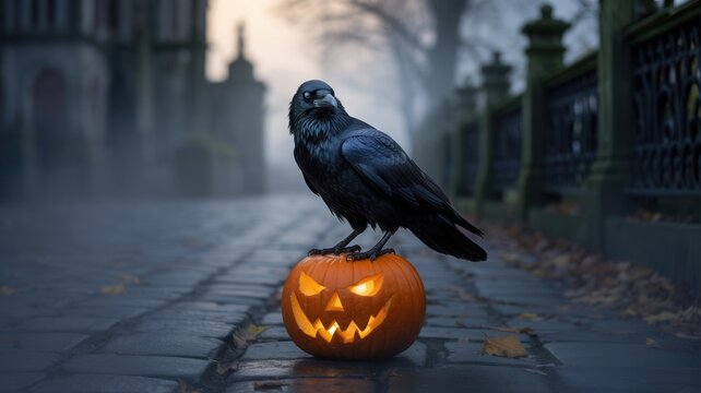 Mysterious black raven perches atop a glowing carved pumpkin on a cobblestone street, evoking eerie Halloween enchantment and gothic atmosphere.