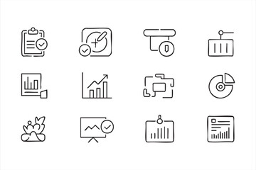 Quality assurance icon collection with document, graph, and report graphics