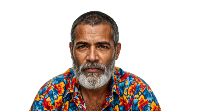 Portrait of mature man with gray beard wearing colorful floral shirt against the transparent background