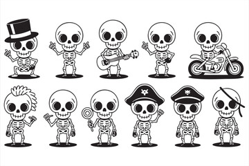 Cartoon skeleton icon collection with costumes and musical instruments